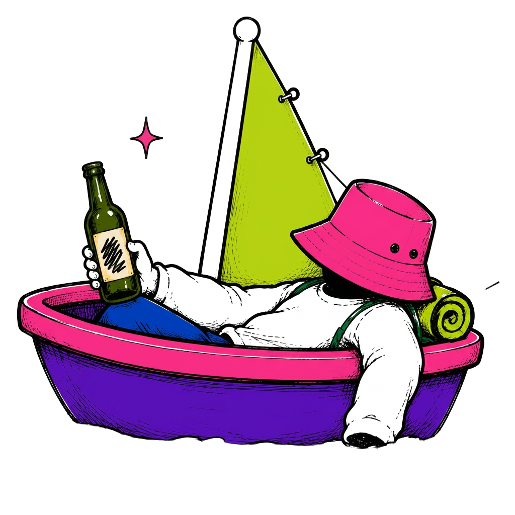 The Somewhere Club mascot chilling in a boat